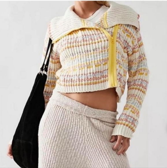 Free People Nwot Xs (To Med) Solana Cardi Cropped Zip Sweater Cream/Multi Pastel